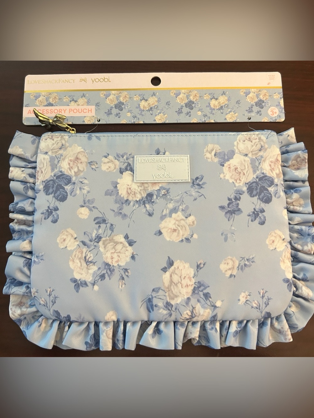 LoveShackFancy Light Blue Floral Ruffled Accessory Pouch New